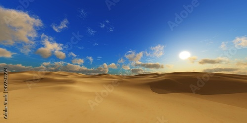 Yellow blue landscape of beautiful sand desert under sky with clouds at sunset, 3d rendering