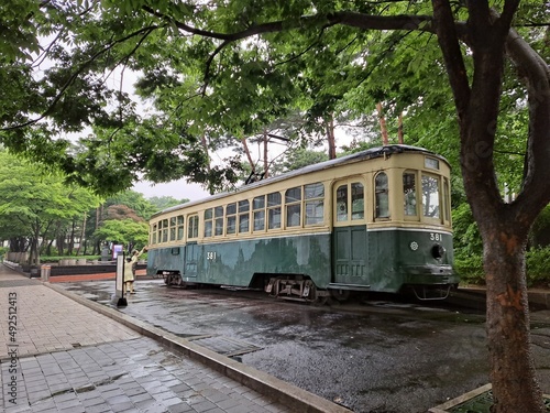 Historic tram in the rainy day