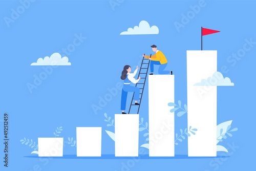 Business mentor helps to improve career and holding stairs steps vector illustration. Mentorship, upskills, climb help and self development strategy flat style design business concept.