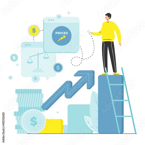 Inflation in economy. Increase in consumer prices, loss of purchasing power, fall of currency value, vector illustration