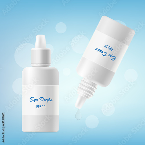 Eye drops plastic bottles on blue background, realistic vector illustration.