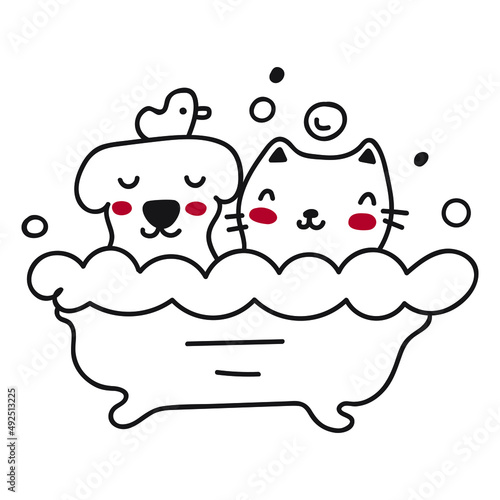 Cat dog and duck taking a bath. Vector outline illustration on white background.