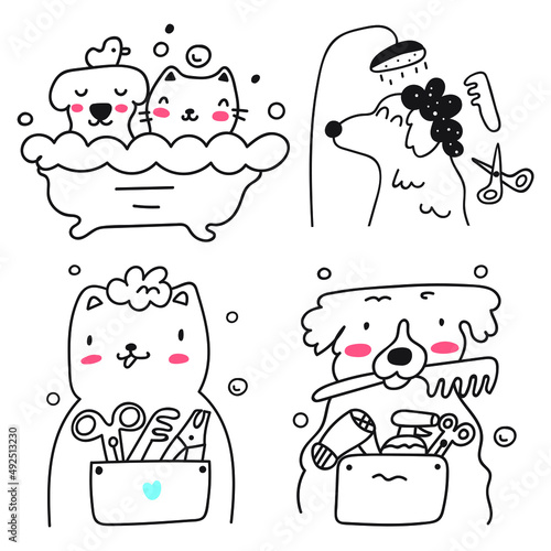 Pets grooming. Collection of outline icons. Illustrations on white background.