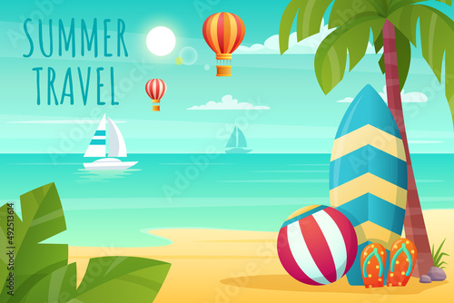 Summer tropical beach with surfboard, ball, flip flops, palm and yacht. Summer holidays and beach vacation concept. Vector illustration.