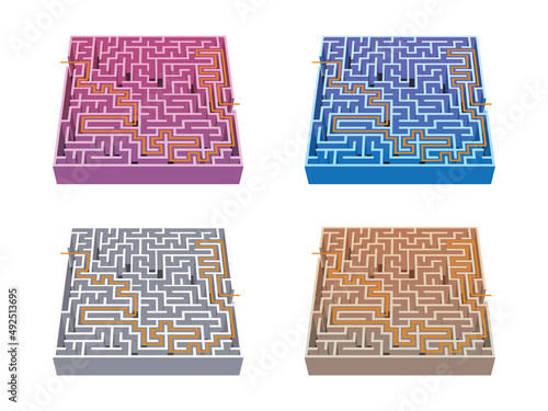 4 colors labyrinths / mazes 3 game for kids with solution (ID: 492513695)