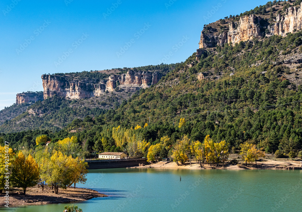 Rocky landscape with mountains lake La Toba reservoir. Serrania de Cuenca, Cuenca, Spain