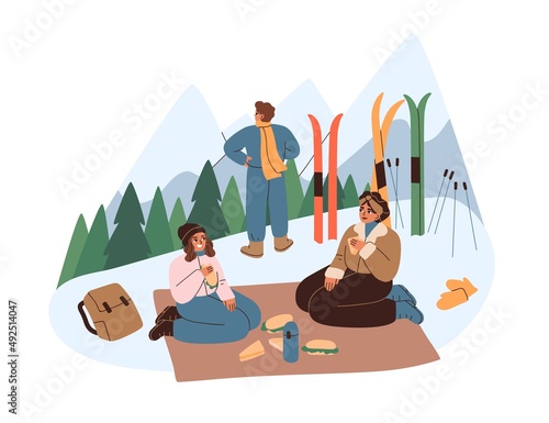 People at ski resort on winter holidays. Friends relaxing, eating. Halt, break after wintertime sports activity. Happy vacations in snow mountain. Flat vector illustration isolated on white background