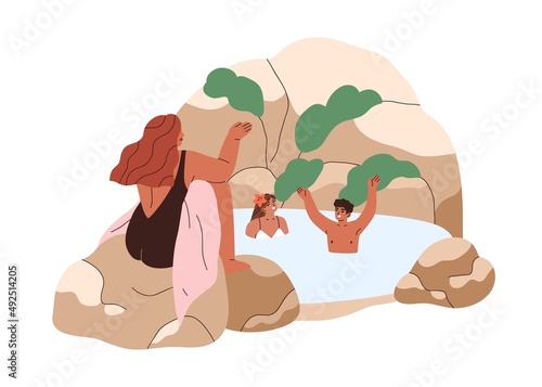 People swimming in mountain lake, hot spring among rocks. Happy friends relax...