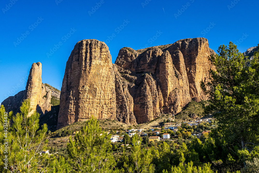 Panorama of Mallos De Riglos rocks in Huesca province, Aragon, Spain