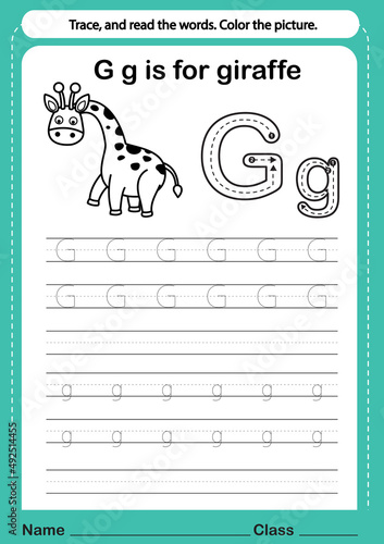 Alphabet g exercise with cartoon vocabulary for coloring book illustration, vector