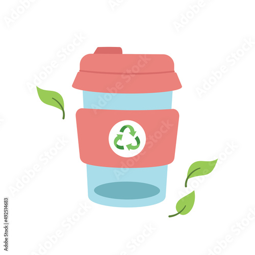 Reusable coffee cup. Sustainable lifestyle, zero waste, ecological concept. Vector illustration in cartoon style. Recycling, waste management, ecology, sustainability.