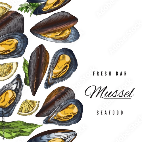 Square banner or poster, restaurant menu cover with mussels vector illustration.
