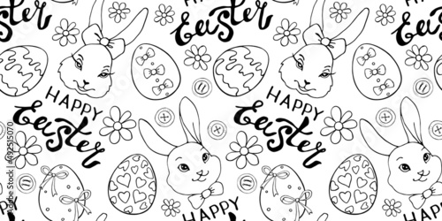 Vector seamless pattern with cute funny contoured faces of rabbits, eggs, flowers and Happy EASTER inscriptions. Holiday backgrounds and textures in doodle style