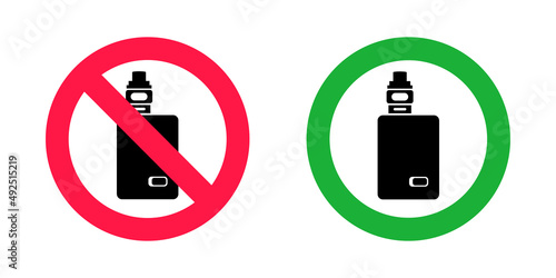 No vaping and vaping area signs. Red forbidden and green allowed circles signs icon isolated on white background vector illustration. Vape and smoke prohibition and green access circles set.