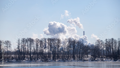 White smoke against the blue sky, explosion, nature.