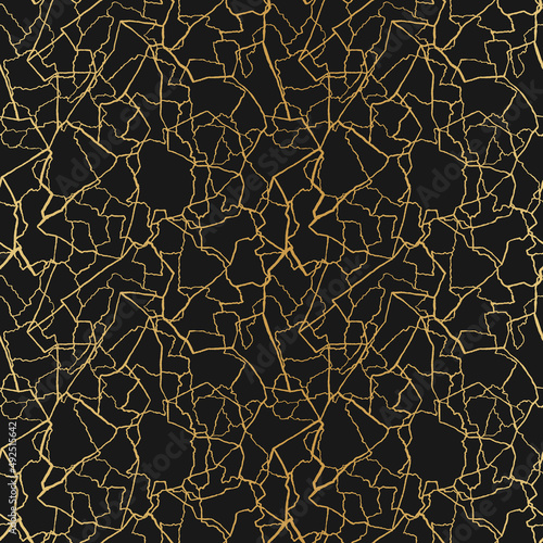 kintsugi art seamless pattern with gold thin lines and abstract shards on dark luxury background