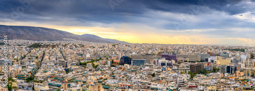 Panorama of Greece capital Athens at sunset, Greece, Europe. View of the city from above