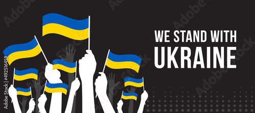 We stand with ukraine white hands hold ukrain nation flag on black background vector design photo