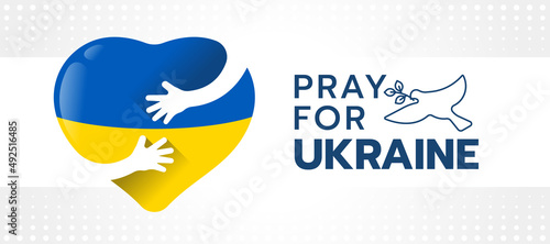 Pray for ukrain Hands hold hug heart with flag ukrain texture sign and line dove of peace on white dot texture background vector design