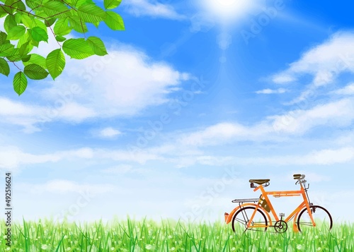 太陽の光が差し込む雲のある青空に新緑ー自転車のある初夏フレーム背景素材
