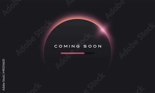 Coming soon text on abstract sunrise dark background with motion effect photo