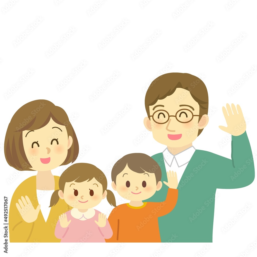 イラスト素材：男女の子供を育てる手を振る若い夫婦（メガネのパパ）　4人家族
