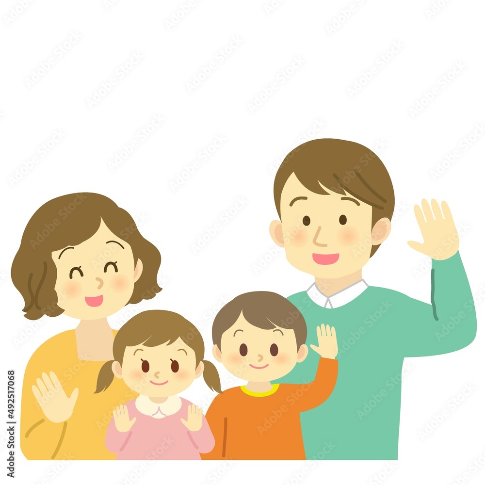 イラスト素材：男女の子供を育てる手を振る若い夫婦　4人家族
