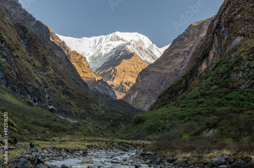 mountain valley with the view of Annapurna peak in Annapurna region Nepal