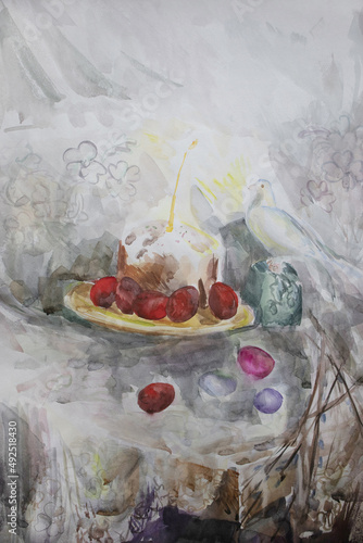 Orthodox christian ritual meal. Easter cake and lit candle. Spring festival. Watercolor illustration. Ecclesiastical painting. Kulich and eggs with lit candle.