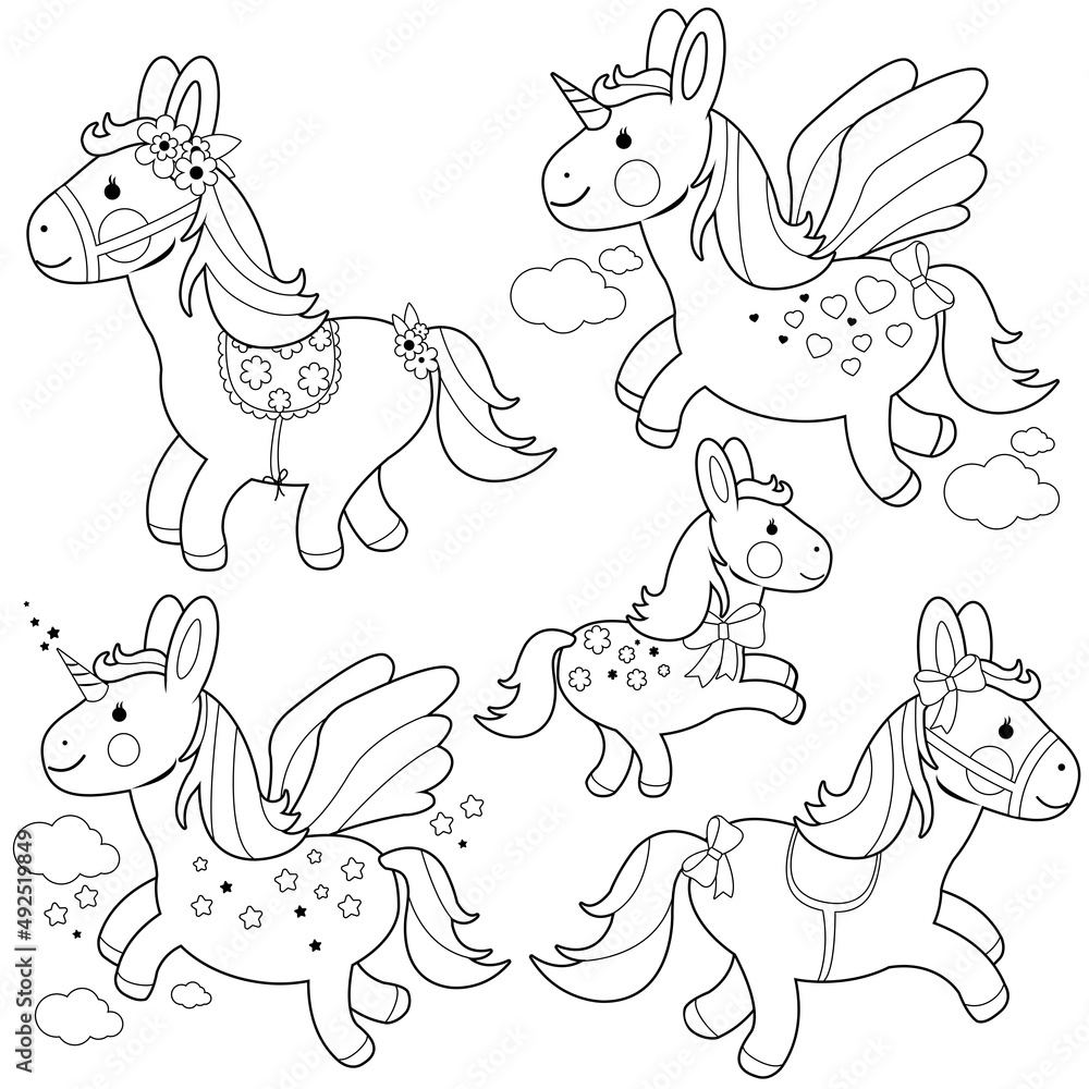 Naklejka premium Cute ponies and unicorns. Vector black and white coloring page.