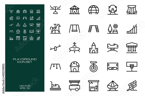 Playground, Park Icon Set with Line Concept Isolated on White Background. This Set Consist of 25 Icon Among seesaw, bumper car, water slider etc. Vector Illustration