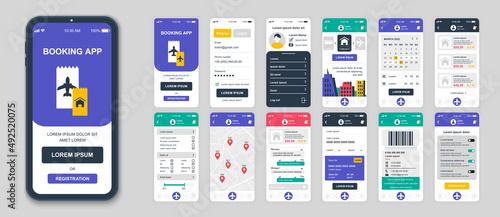 Set of UI, UX, GUI screens Booking app flat design template for mobile apps, responsive website wireframes. Web design UI kit. Booking Dashboard.