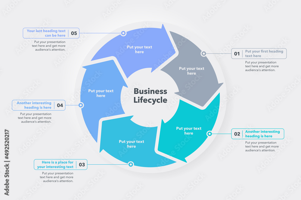 Business lifecycle template with five colorful steps. Easy to use for your website or presentation. Business lifecycle template with five colorful steps. Easy to use for your website or presentation.