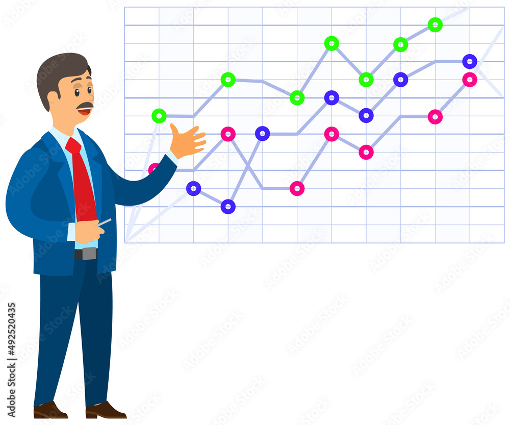 Man studies statistics on presentation. Male character working with report. Manager working and analyzing financial statistic. Male marketer examines information about metrics. Data screen with charts Man studies statistics on presentation. Male character working with report. Manager working and analyzing financial statistic. Male marketer examines information about metrics. Data screen with charts