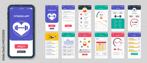 Set of UI, UX, GUI screens Fitness app flat design template for mobile apps, responsive website wireframes. Web design UI kit. Fitness Dashboard.
