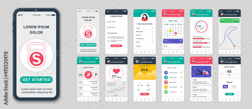 Set of UI, UX, GUI screens Fitness app flat design template for mobile apps, responsive website wireframes. Web design UI kit. Fitness Dashboard.