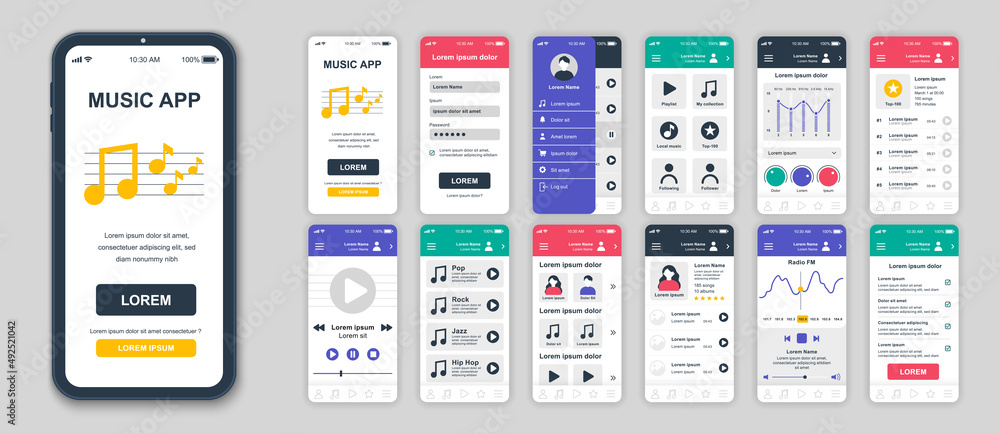 Set of UI, UX, GUI screens Music app flat design template for mobile ...
