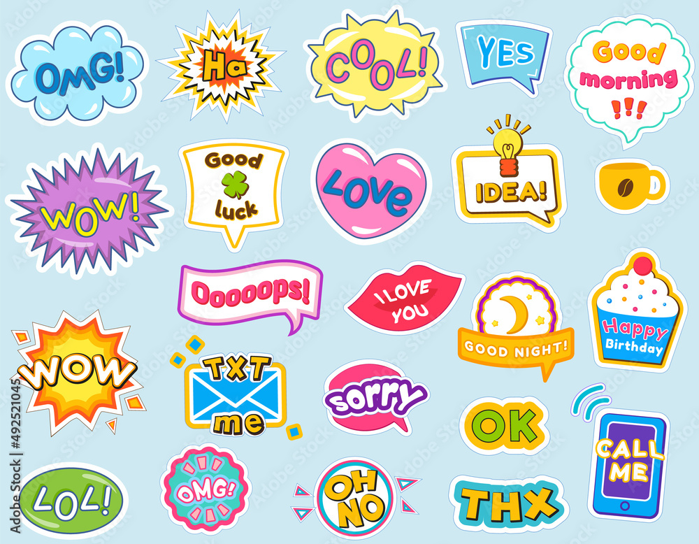 Fashion patches with words dialogue inscriptions vector colored comic icons. Conversation phrases as modern stickers. Cartoon style patch badges with text, colorful sticker pack background pattern