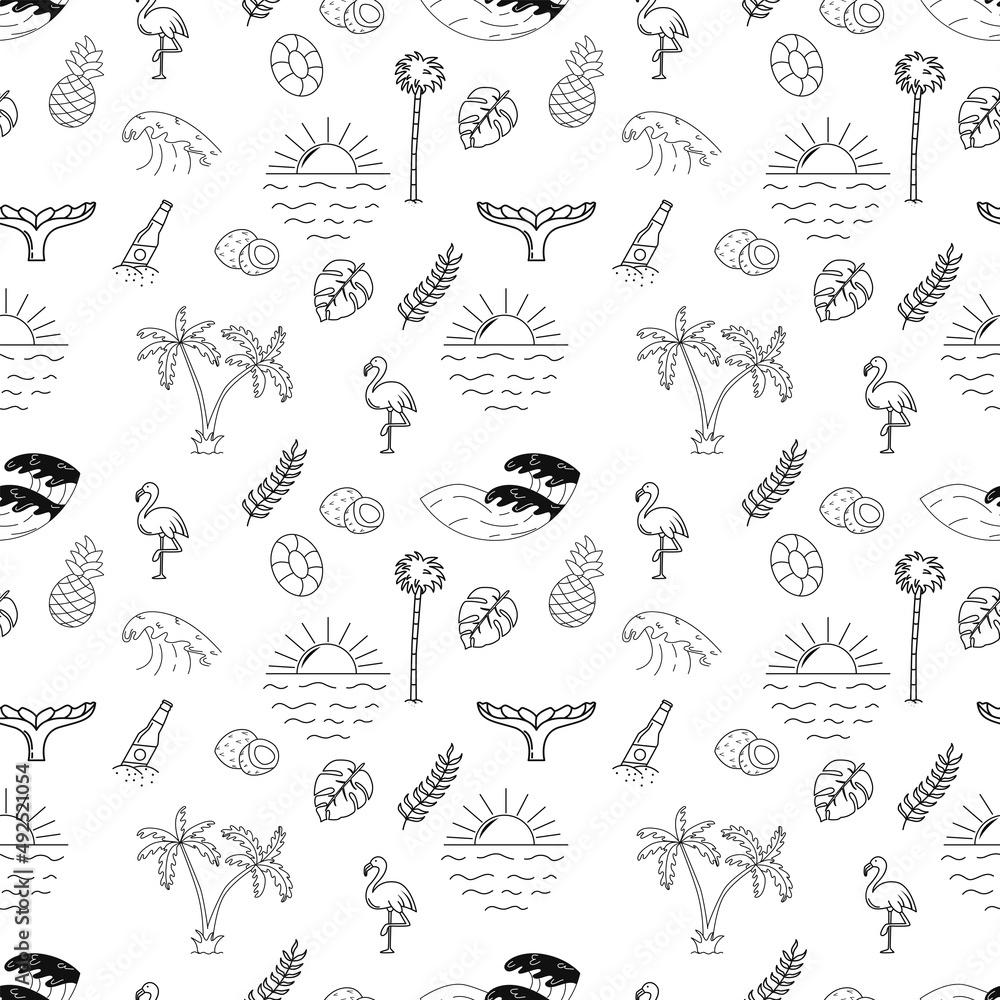 Seamless pattern with palm trees, waves, sun and other elements. Outline vector illustration for t-shirt prints, posters and other uses. Seamless pattern with palm trees, waves, sun and other elements. Outline vector illustration for t-shirt prints, posters and other uses.