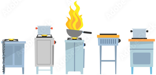 Cooking pots and pans on gas stoves. Saucepan, frying and dripping pan for kitchen cook. Kitchen equipment for preparing dishes. Set of cooking surfaces with utensils, kitchenware vector illustration
