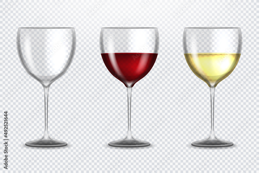Set transparent vector wine glasses empty, with white and red wine on transparent background. Alcoholic drink. White and red wine. Vector illustration Set transparent vector wine glasses empty, with white and red wine on transparent background. Alcoholic drink. White and red wine. Vector illustration
