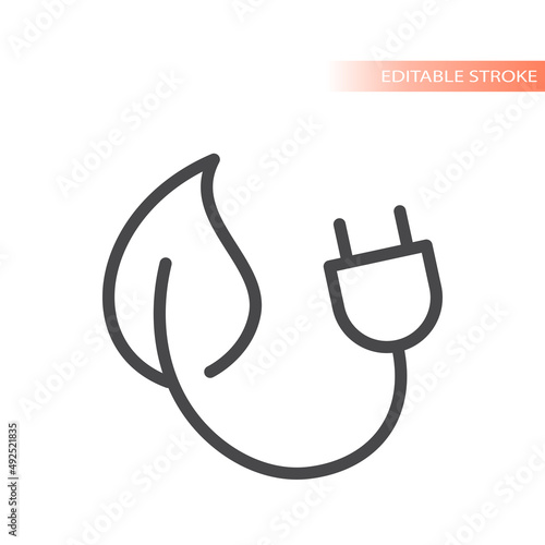 Energy efficient plug and leaf line vector icon. Renewable, eco friendly energy outlined symbol.
