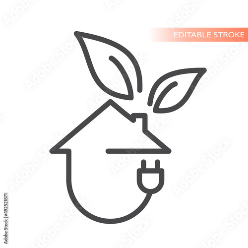 Eco friendly, green energy efficient home icon. House with plug and leaf outline vector symbol.