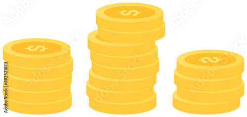 Stacks of gold pennies isolated on white background. Earnings, currency, profit, money in shape of coins. Gold money dollar coins in three piles. Income, banking elements, cash payment concept