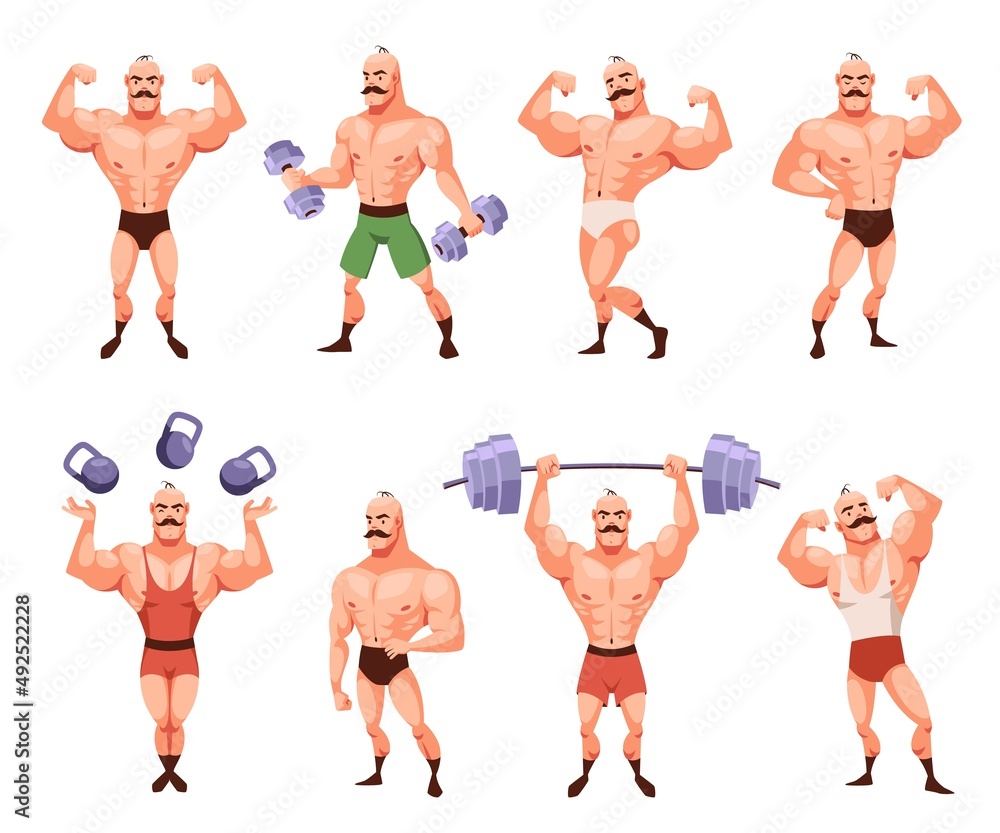 Cartoon bodybuilder character posing. Funny strong man with moustache  demonstrates muscles, circus athlete in different poses, retro mascot with  dumbbell, gym training vector isolated set Stock Vector | Adobe Stock