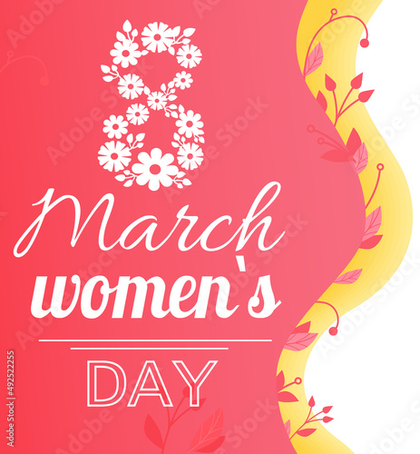 Postcard for women or mothers day. Banner for eighth march, international holiday. Greeting card with inscriptions and decorations. Congratulations template for women s day vector illustration