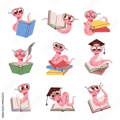 Cartoon book worm. Cute kids intelligent worm mascot in glasses, reading books, funny student animal character, cute colorful earthworm smart insect, education and knowledge symbol vector set