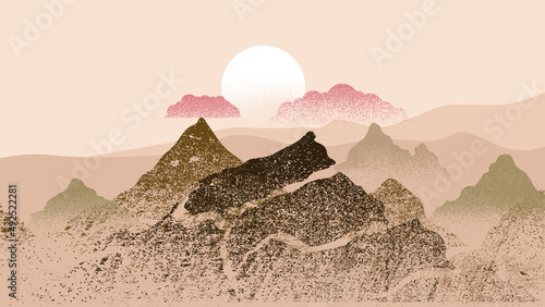 Mountain silhouettes with sun. Peaks in sunset. Brush strokes. Fog over mountain landscape . Summit and sunset logo .Vector