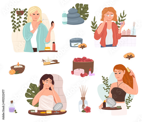 Beauty Girl Take Care of her Face and Applying Cosmetic Serum Oil. Women making facial massages, self care routine, moisturizing and hygiene, natural herbal products