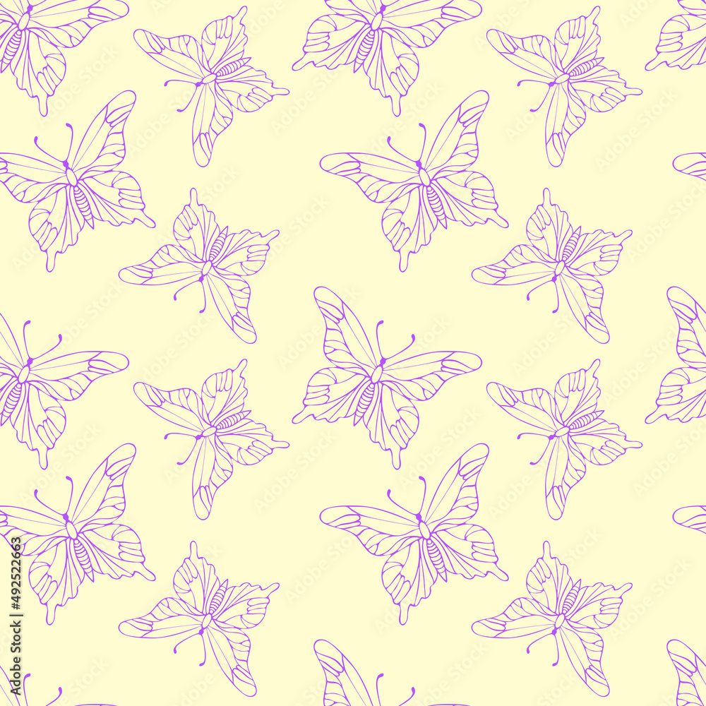 Butterfly pattern, soft pastel yellow background and lilac contours of the butterfly, seamless.